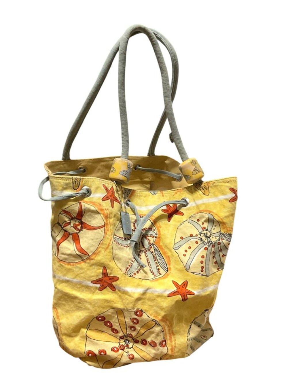 Sun N Sand Yellow Canvas Beach Bag Tote With Sea-Themed Print & Rope Handles